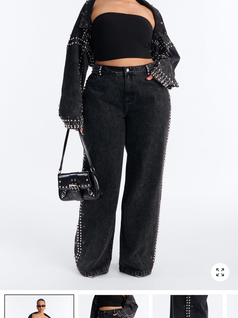 Fashion Nova Black Wide Leg Jeans with Silver Stud Trim - Picture 5 of 7